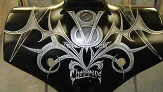 V8 Chopper gray and black with piston and chain graphics